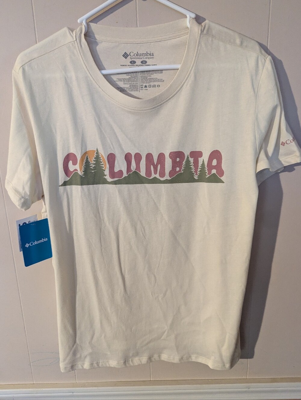 Columbia Sportswear Cream Short-Sleeve Tee Women's Size L Green and Pink Graphic